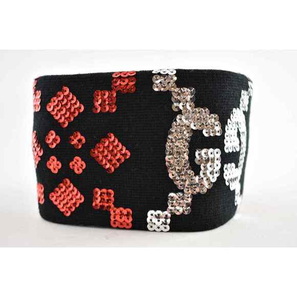 Gucci Black Sequin Silver Red GG Logo Wool Stretchy Headband Hair Small 56cm - Picture 5 of 10